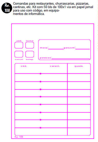 ref. 108 - Comandas para restaurantes, churrascarias, pizzarias, cantinas, etc, para uso com c&oacute;digo, em equipamentos de inform&aacute;tica